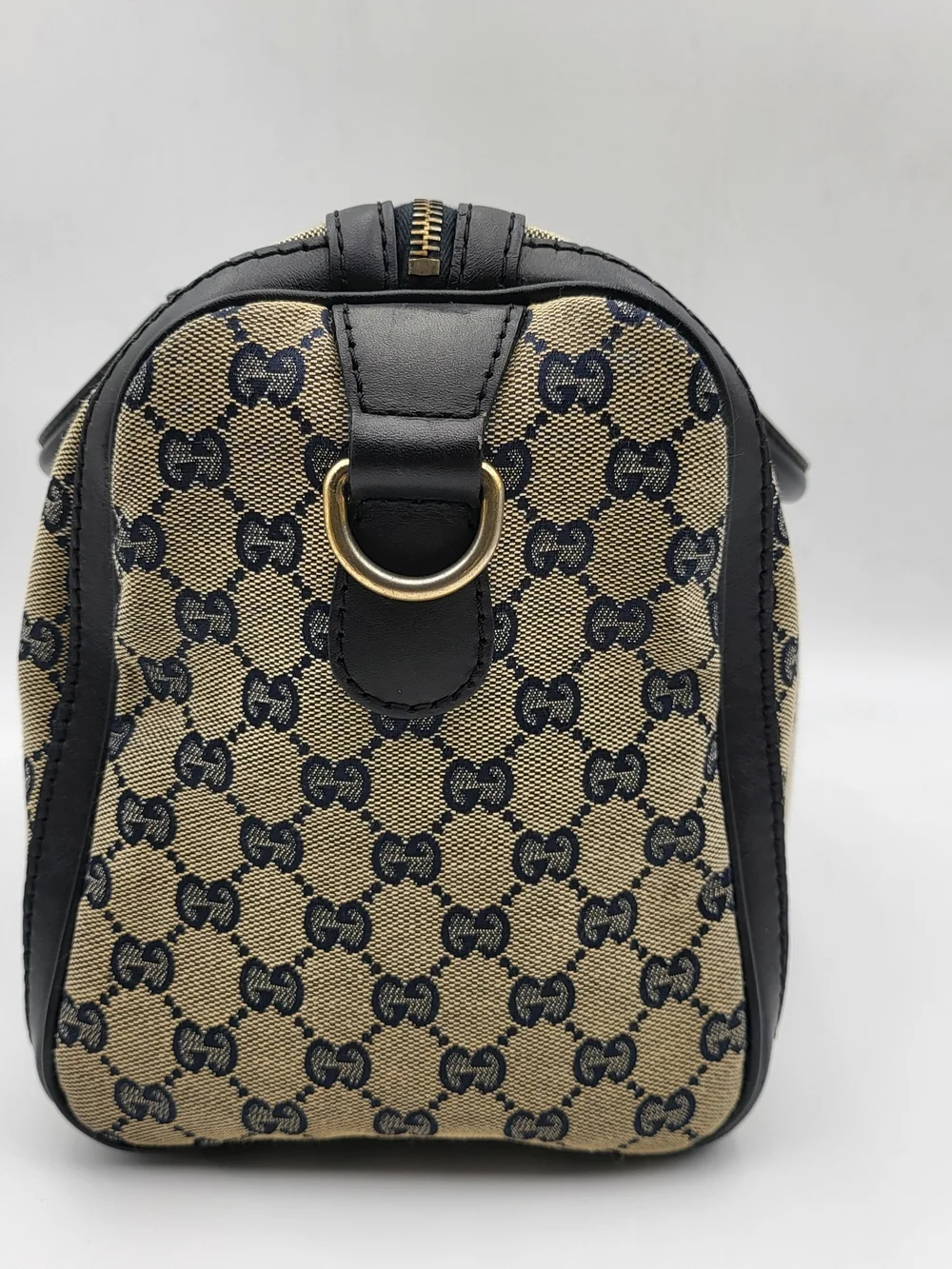 GUCCI Monogram Selleria Calfskin Vintage Web Medium Boston Black, Auth. w/COA..
